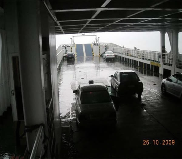 Cars on landing craft's deck